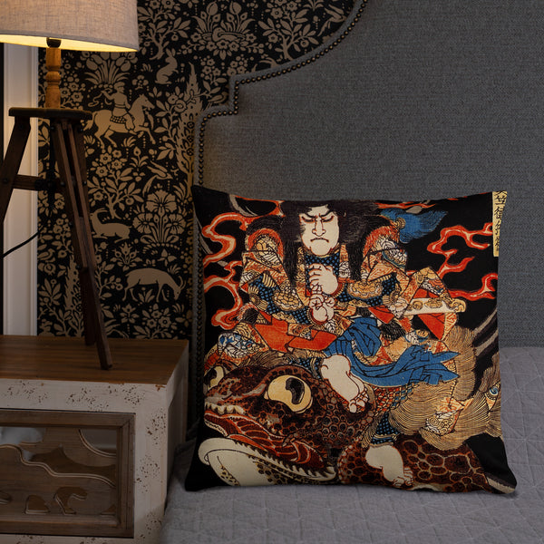 'Tenjiku Tokubei Riding His Fire Toad' by Kuniyoshi, ca. 1828 - Throw Pillow