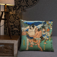 'Sumo At A Hunting Party' by Hiroshige, ca. 1845 - Throw Pillow