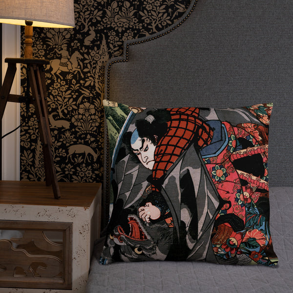 'Miyamoto Musashi Killing A Monster Bat' by Kuniyoshi, ca. 1830 - Throw Pillow