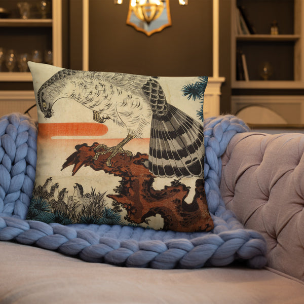 'Hawk And Nestlings In A Pine Tree' (Combined Diptych) by Kuniyoshi, ca. 1840s - Throw Pillow