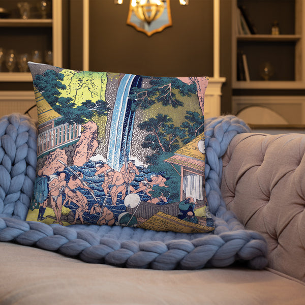 'Roben Waterfall at Mount Oyama in Sagami Province' by Hokusai, ca. 1832 - Throw Pillow