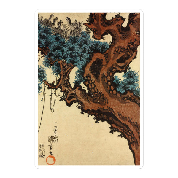 'Hawk And Nestlings In A Pine Tree' (Bottom Half) by Kuniyoshi, ca. 1840s - Sticker