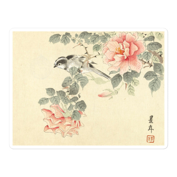 'Black And White Bird Among Pink Roses' by Imao Keinen, 1892