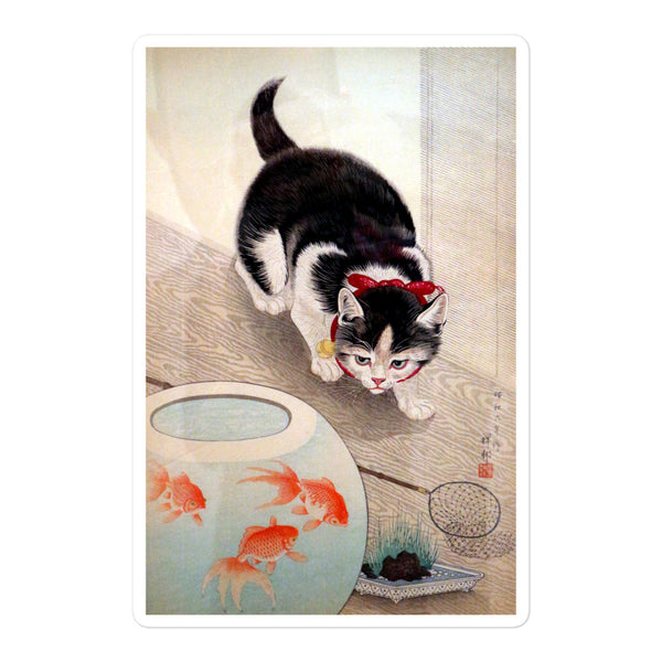 'Cat And Goldfish' by Ohara Koson, 1931 Sticker
